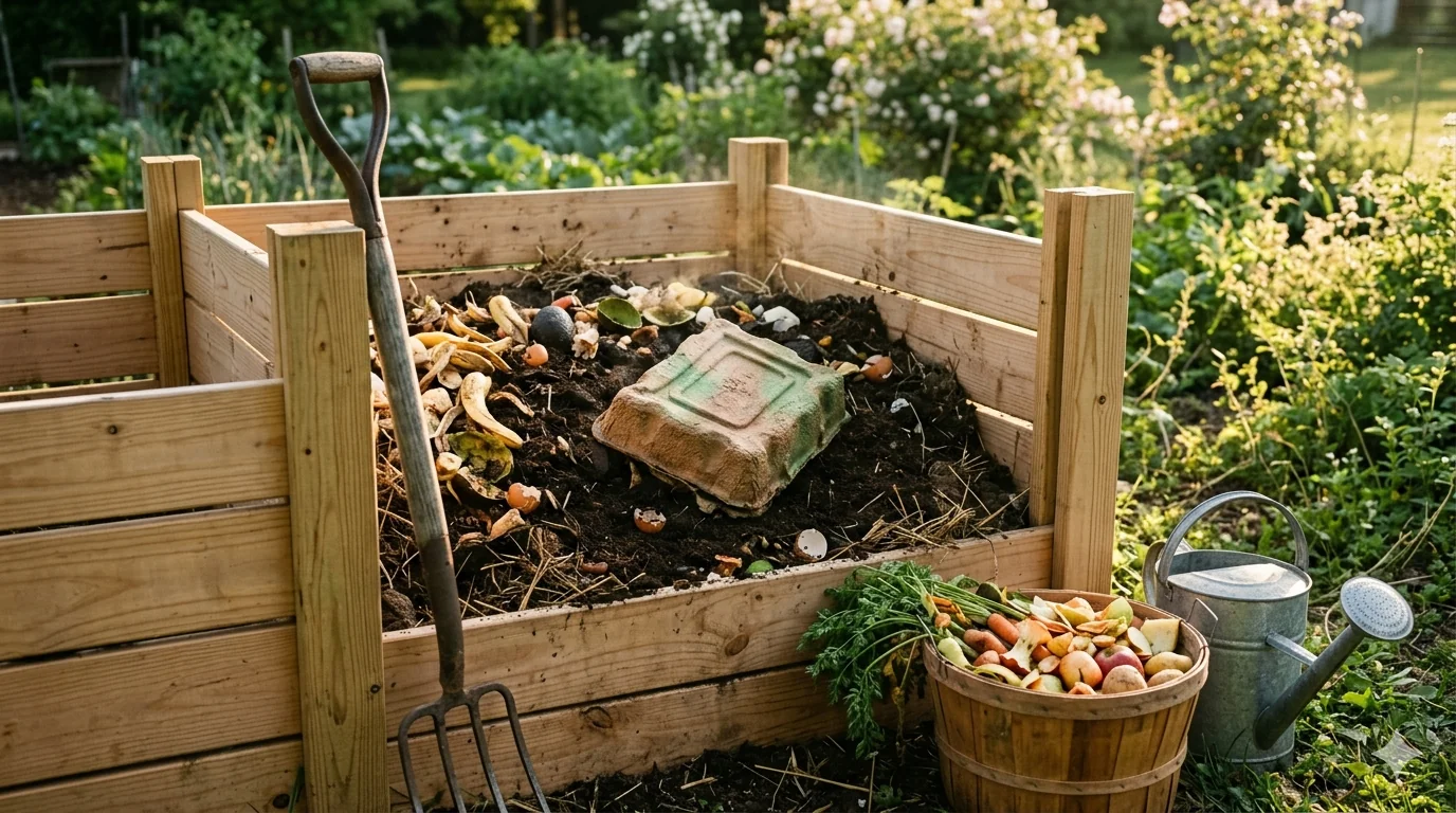 Home composting microGREEN FX biodegradable container in backyard pile