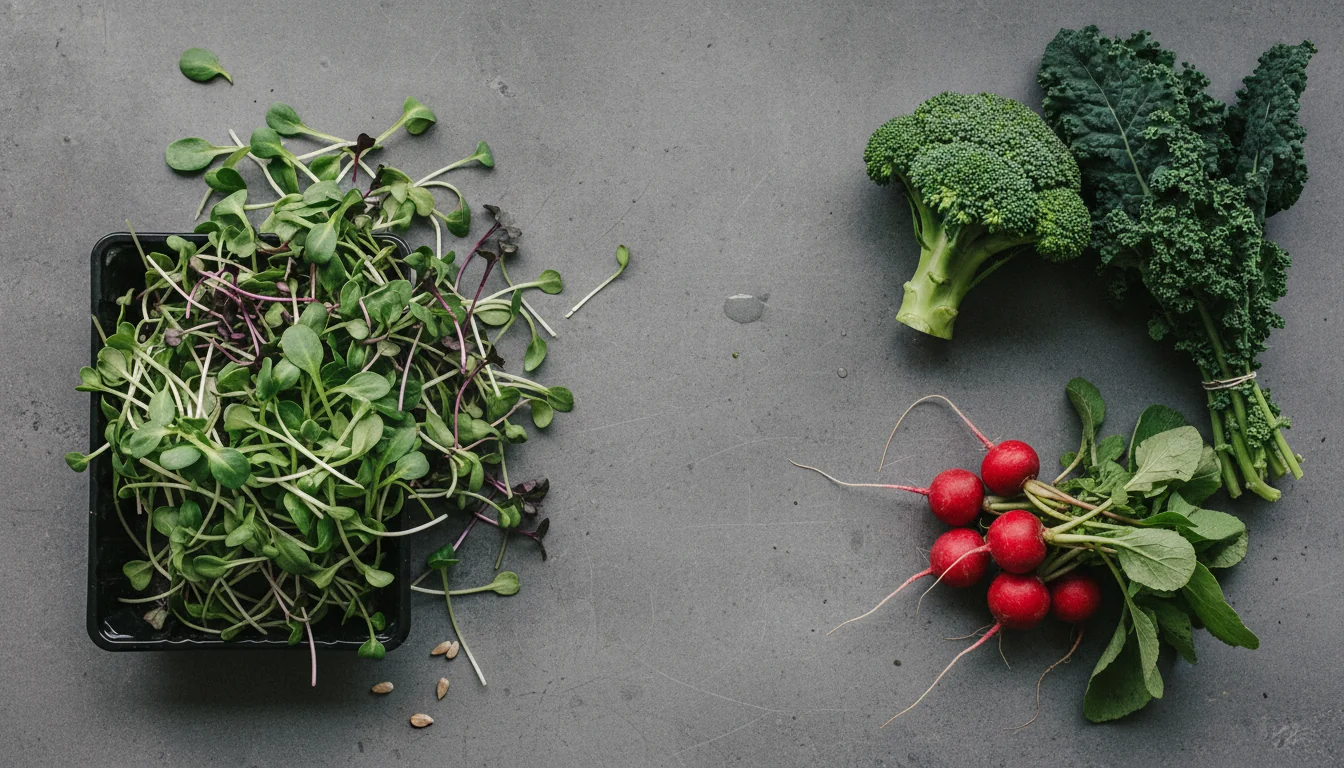 Freshly cut broccoli, radish and pea microgreens beside mature broccoli, kale and radishes