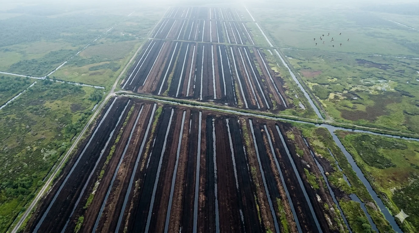 Drained peat bog after commercial extraction
