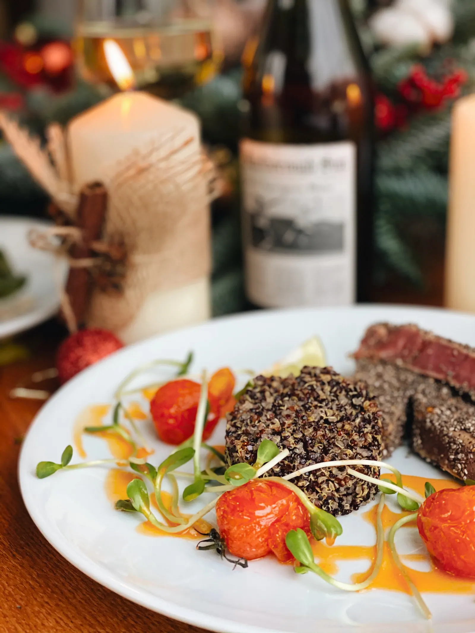 Fancy steak dish topped with fresh microgreens