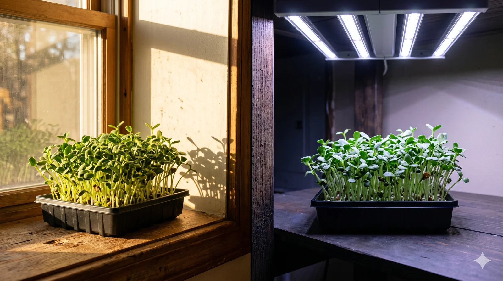 Microgreens growing under sunlight and LED grow lights