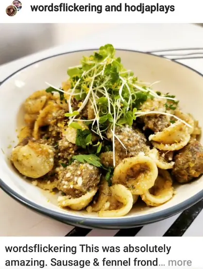 Sausage and fennel pasta topped with microGREEN FX microgreens