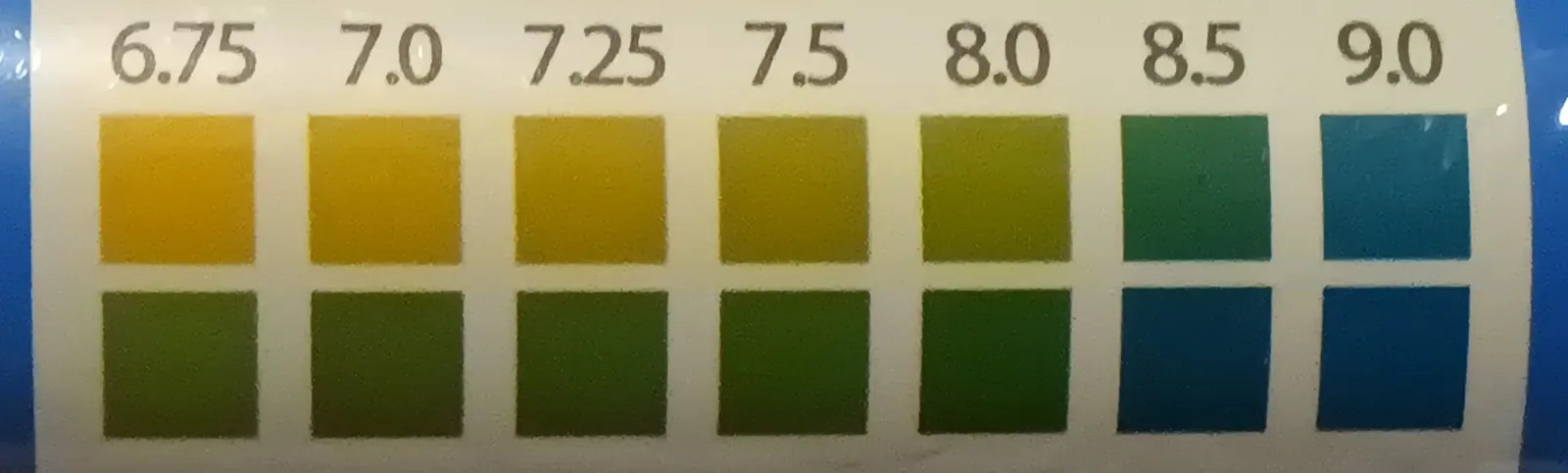 Soil pH test strip color key, range 6.75 to 9, dual-color pattern reference